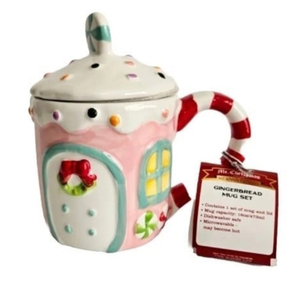 Mr Christmas Pink Gingerbread House Mug Candy Cane Lid